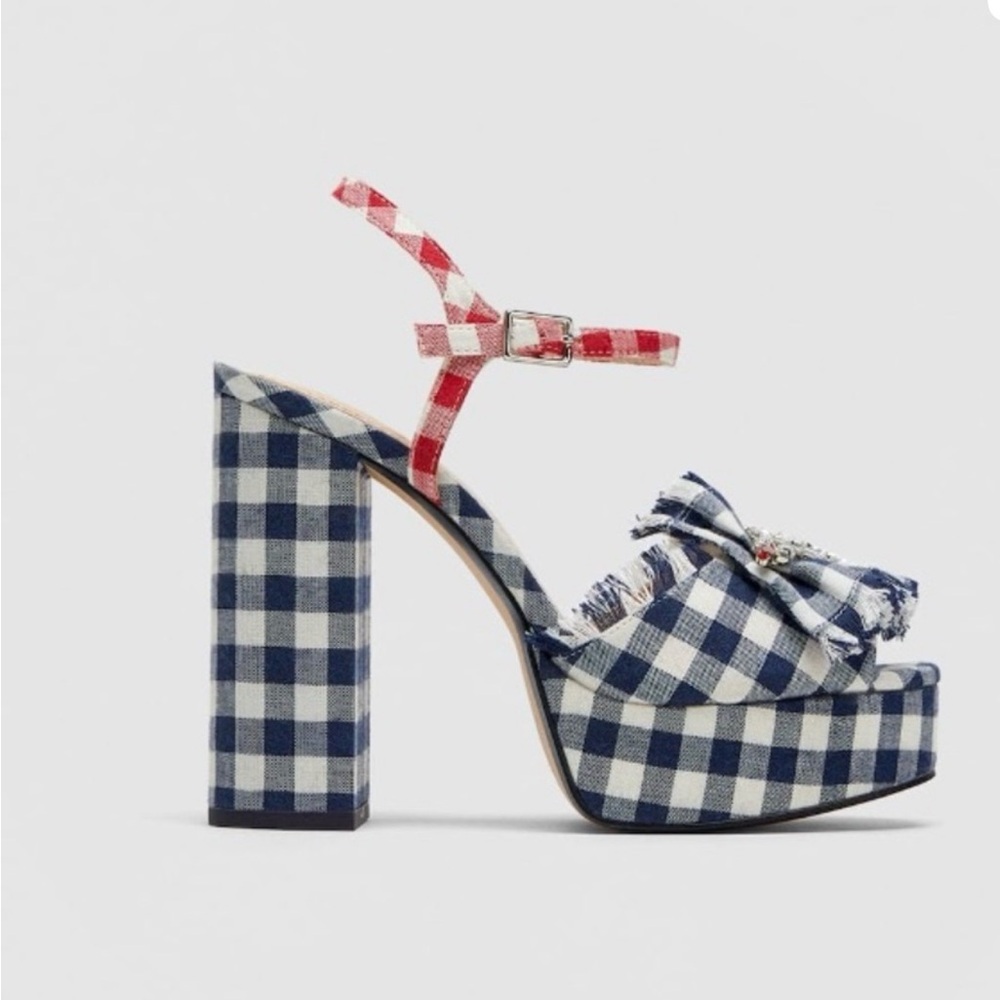 NEVER WORN Zara Vichy Platform Sandals with Red Straps size 38